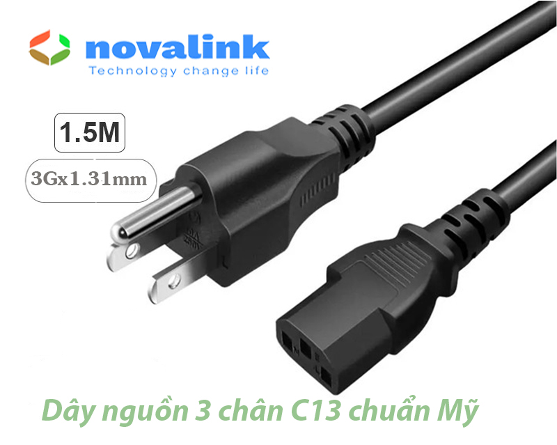 Dây nguồn 3 chân C13 dài 1.5M Novalink NV-53003A - Lõi đồng 3Gx1.31mm, tiêu chuẩn UL