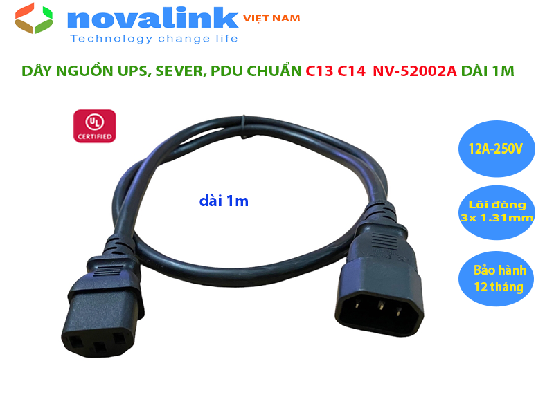 Dây nguồn UPS, server chuẩn C13 C14 Novalink NV-52002A dài 1M, lõi đồng 3G x 1.31mm tiêu chuẩn UL