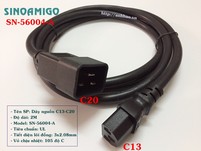 Dây nguồn C13 C20 dài 2M SN: 56004A Sinoamigo chuẩn UL