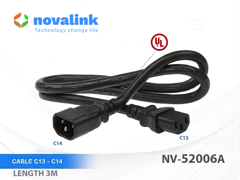 D&acirc;y nguồn C13 C14 d&agrave;i 3M Novalink NV-52006A ch&iacute;nh h&atilde;ng, l&otilde;i 3x1.31mm, chuẩn UL