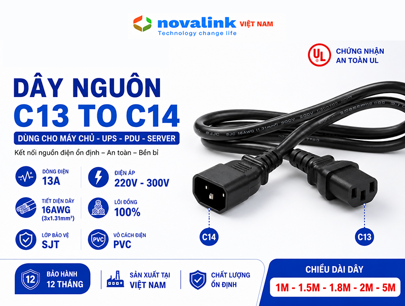 Dây nguồn C13 C14 dài 5m Novalink NV-53008A chuẩn UL, lõi đồng 16AWG cho UPS, PDU, Server