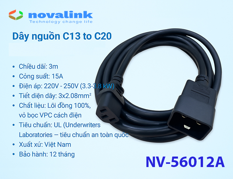 Dây nguồn C13 C20 dài 3m dùng cho UPS, PDU, server - Novalink NV-56012A