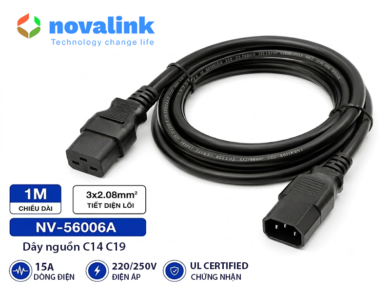 Dây nguồn C14 to C19 dài 1m 15A Novalink NV-56006A lõi đồng 3x2.08mm, chuẩn UL