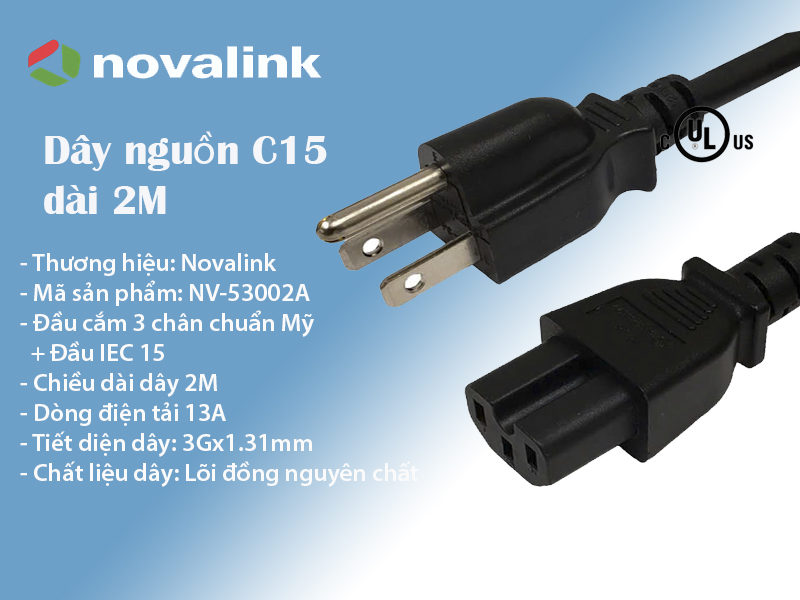 Dây nguồn C15 3 chân Novalink NV-53002A 2m - Dùng cho UPS, PDU, Server, lõi đồng 3x1.31mm
