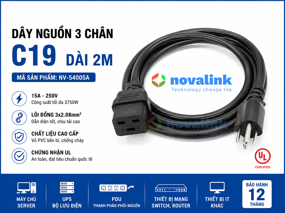 D&acirc;y Nguồn C19 2M Novaink NV54005A: D&ugrave;ng Cho UPS, PDU, Server | L&otilde;i Đồng 3G x 2.08mm