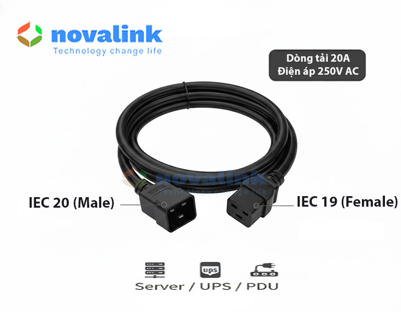 D&acirc;y nguồn C19 C20 3m Novalink NV-56304A: L&otilde;i 12AWG, 20A, Ti&ecirc;u chuẩn UL cao cấp.