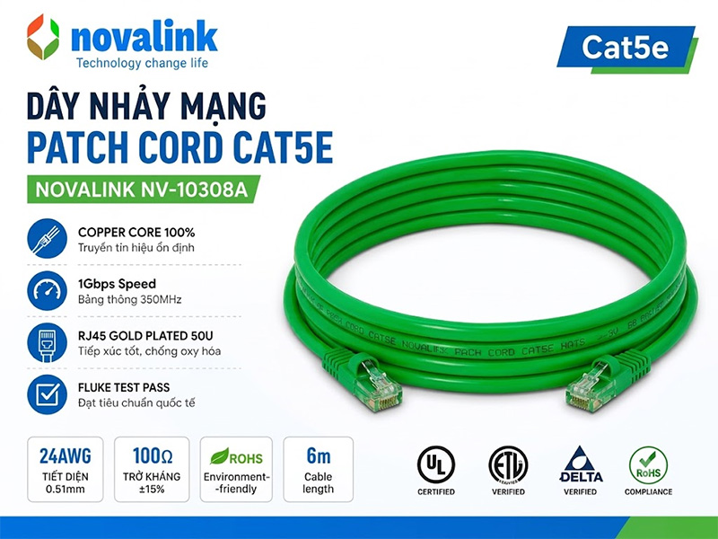 Dây nhảy mạng Patch Cord Cat5e 6m Novalink NV-10308A đồng nguyên chất 100% 1Gbps