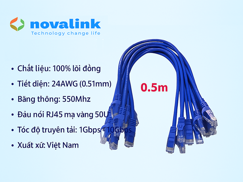 Dây nhảy mạng cat6 50cm (0.5M) Novalink NV-20101A | 100% lõi đồng, pass Fluke