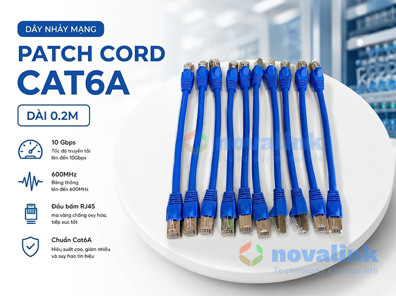 Dây nhảy mạng (Patch Cord) Cat6A 0.2m Novalink cho tủ rack server 10Gbps