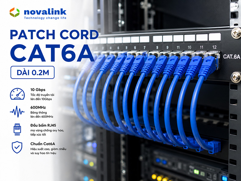 Dây nhảy mạng (Patch Cord) Cat6A 0.2m Novalink cho tủ rack server 10Gbps