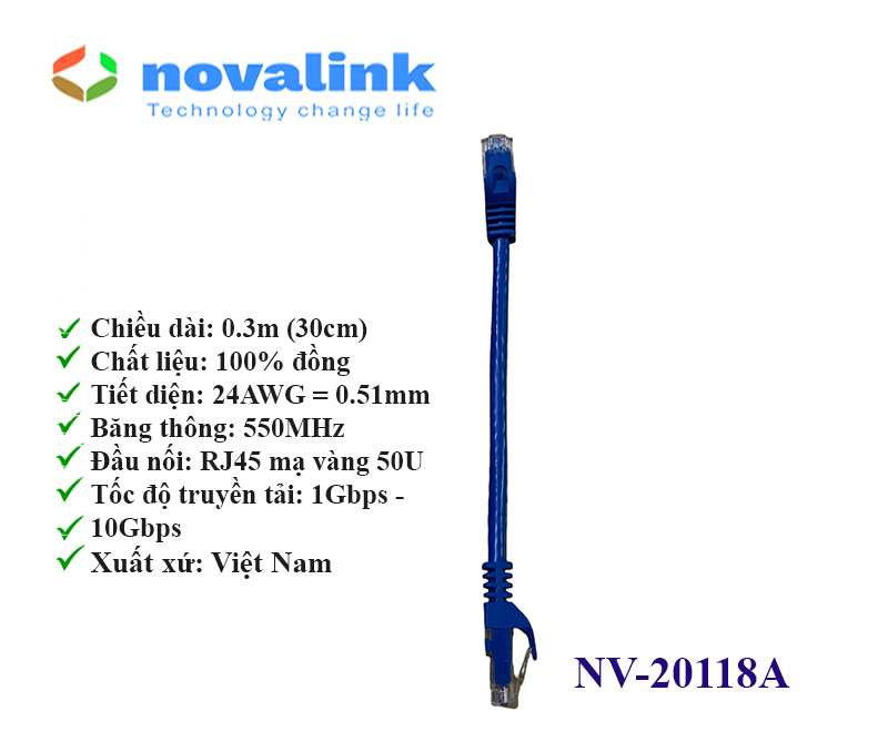 Dây nhảy Patch Cord Cat6 30cm Novalink NV-20118A - Tiết diện 24AWG, băng thông 550Mhz