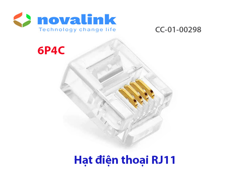 Đầu bấm điện thoại RJ11 Novalink CC-01-00298, chân tiếp xúc mạ vàng (túi 50 hạt)