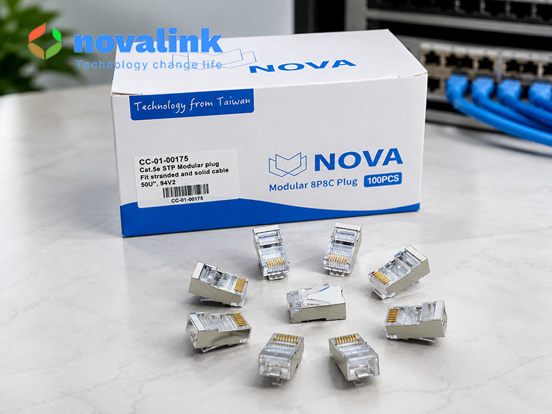Hạt mạng RJ45 cat5e chống nhiễu Nova CC-01-00175 ch&acirc;n tiếp x&uacute;c mạ v&agrave;ng 50U cao cấp