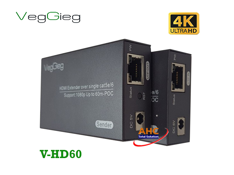 Bộ Kéo Dài HDMI 60m Qua Cáp Mạng LAN V-HD60 VegGieg - Hỗ trợ 4K