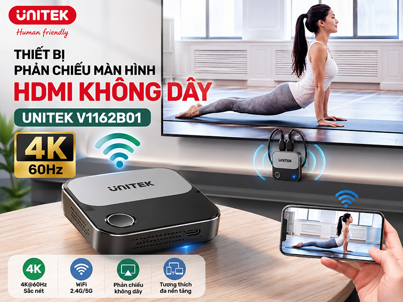 Thiết bị phản chiếu màn hình HDMI không dây Unitek V1162B01 hỗ trợ 4K 60Hz