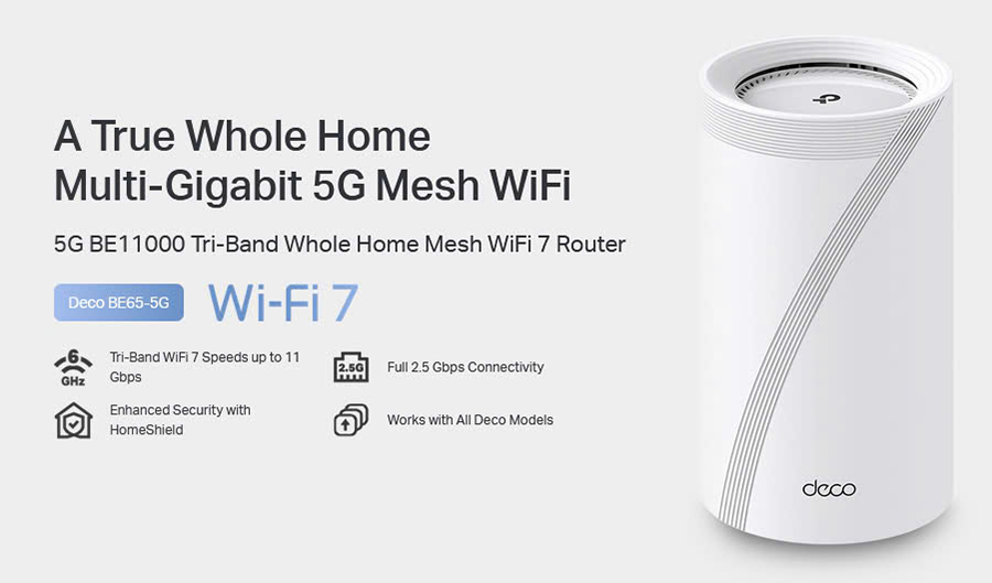 Deco BE65-5G - Hệ thống Mesh Wi-Fi 7 ba Băng tần BE11000 5G cho gia đình, văn phòng