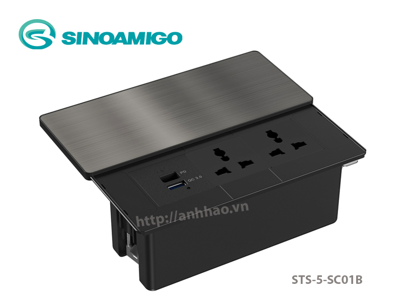 Hộp ổ điện âm bàn nắp trượt có cổng USB type C tích hợp Sinoamigo STS-5-SC01B