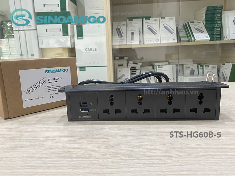 Ổ cắm điện âm bàn Sinoamigo STS-HG60B-5. Thiết kế lắp âm dưới mặt bàn cho văn phòng, phòng họp, phòng hội nghị