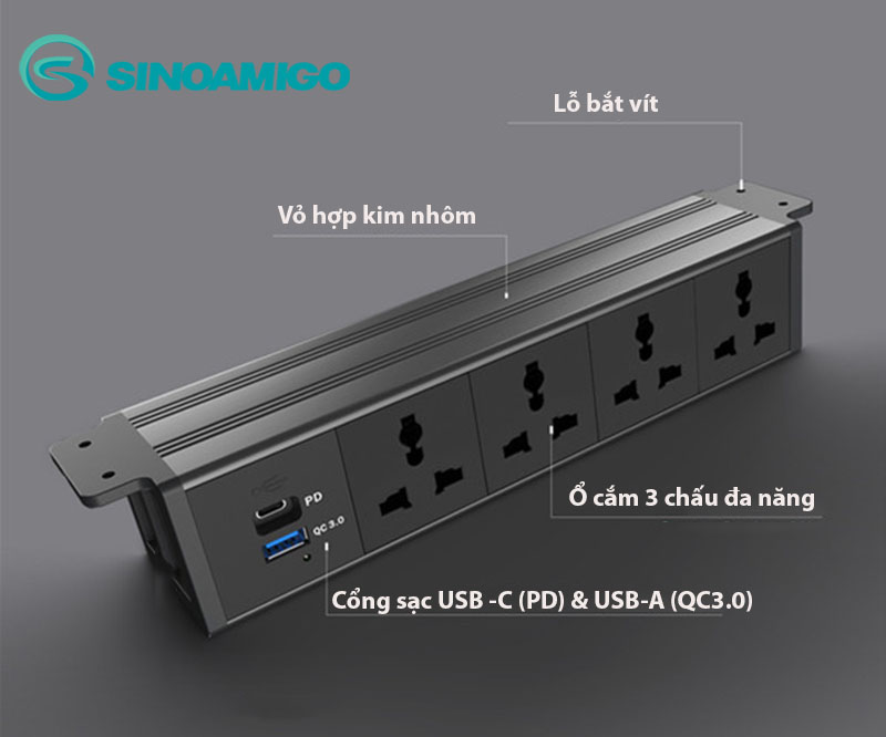 Ổ cắm điện âm bàn Sinoamigo STS-HG60B-5. Thiết kế lắp âm dưới mặt bàn cho văn phòng, phòng họp, phòng hội nghị