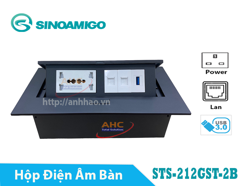 Hộp ổ cắm điện âm bàn Sinoamigo STS-212GST-2B màu đen. Tích hợp 2 ổ điện, 2 ổ mạng, 1 cổng USB 3.0
