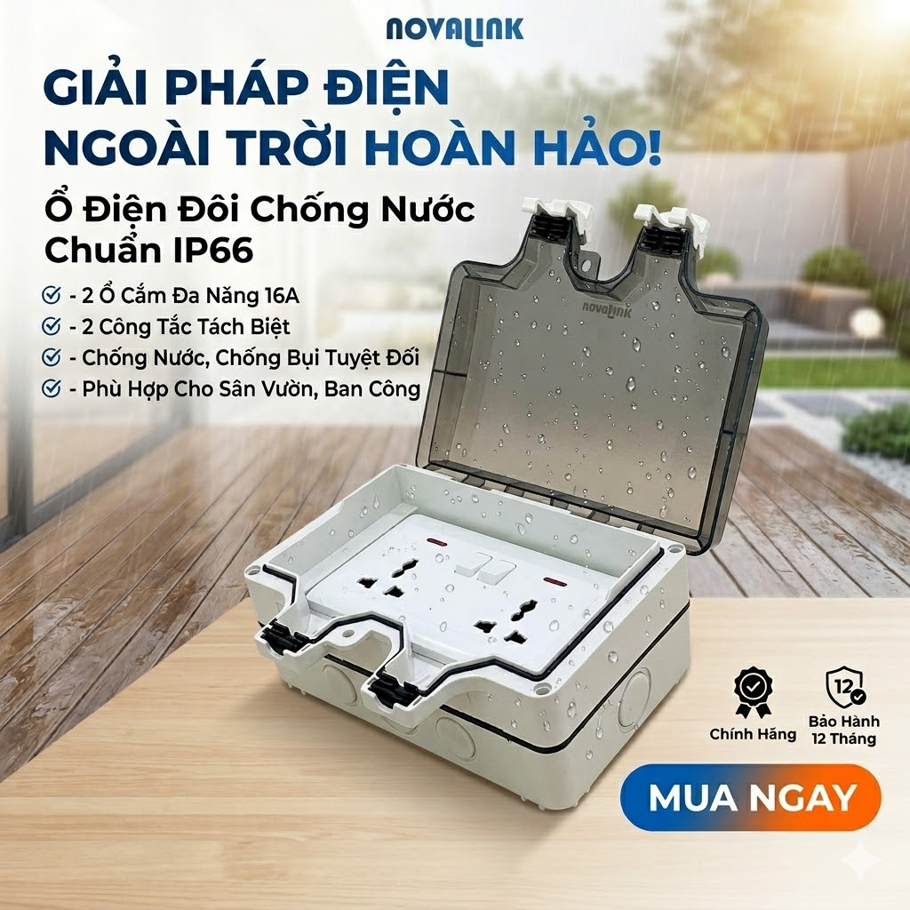 Hộp điện đ&ocirc;i ngo&agrave;i trời chống nước IP66 Novalink NV-OW46, c&oacute; c&ocirc;ng tắc