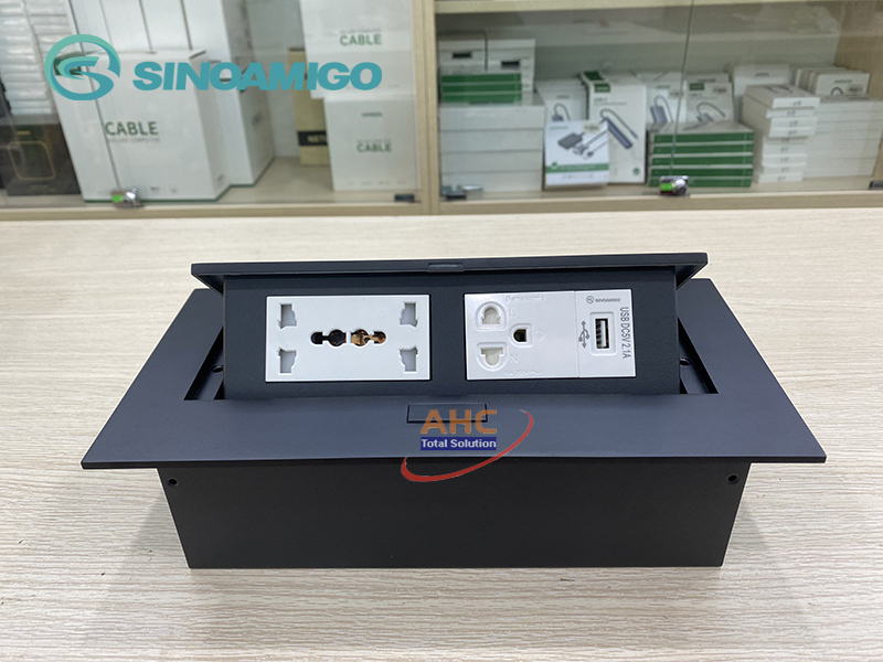 Hộp ổ cắm điện âm bàn Sinoamigo STS-212GST-2B màu đen. Tích hợp 3 ổ điện, 1 cổng sạc USB