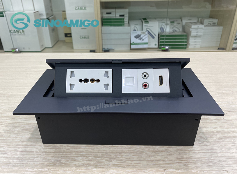 Hộp ổ cắm điện âm bàn Sinoamigo STS-212GST-2B. Tích hợp ổ điện, mạng, HDMI, Audio hoa sen