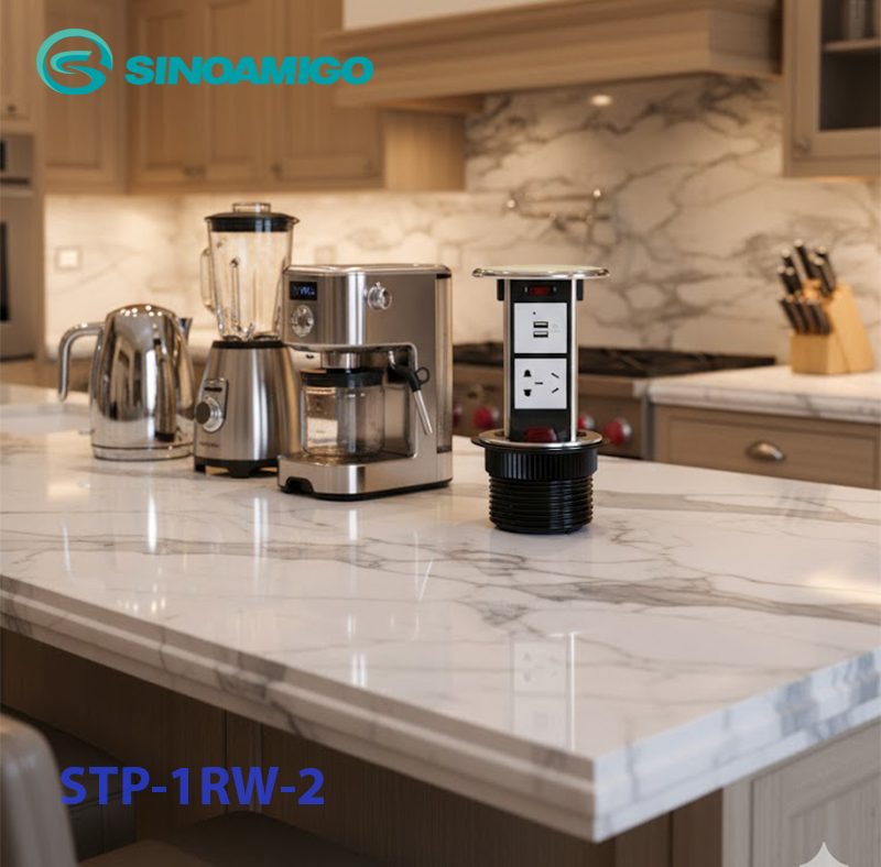 Ổ điện âm bàn đảo nâng hạ cơ Sinoamigo STP-1RW-2 có ổ cắm điện và sạc USB