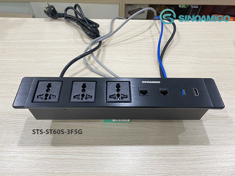 Hộp ổ cắm âm bàn Sinoamigo STS-ST60S-3F5G, tích hợp 3 ổ điện đa năng, 2 Lan cat6, 1 HDMI, 1 USB 3.0