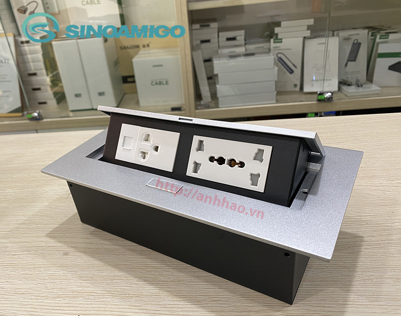 Hộp ổ cắm âm bàn Sinoamigo STS-212GST-2 tích hợp 3 ổ điện, 1 ổ mạng Lan