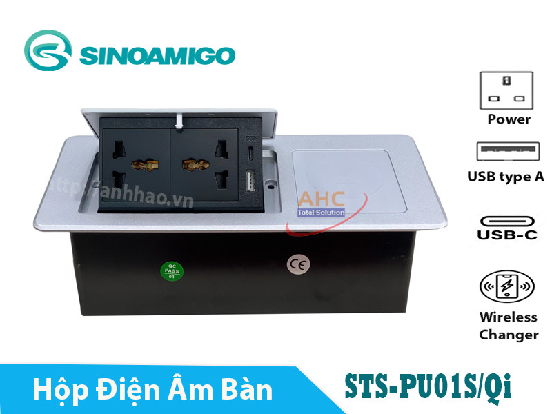 Hộp ổ cắm điện âm bàn Sinoamigo STS-PU01S/Qi, tích hợp sạc không dây 15W, cổng sạc USB type C