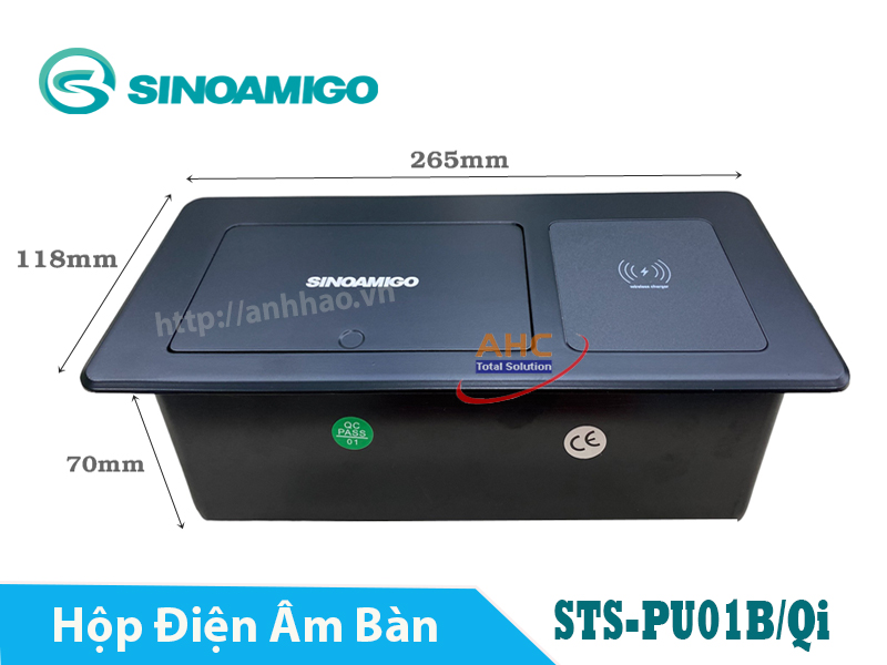 Hộp ổ cắm điện âm bàn Sinoamigo STS-PU01B/Qi, tích hợp sạc không dây 15W, cổng sạc USB type C