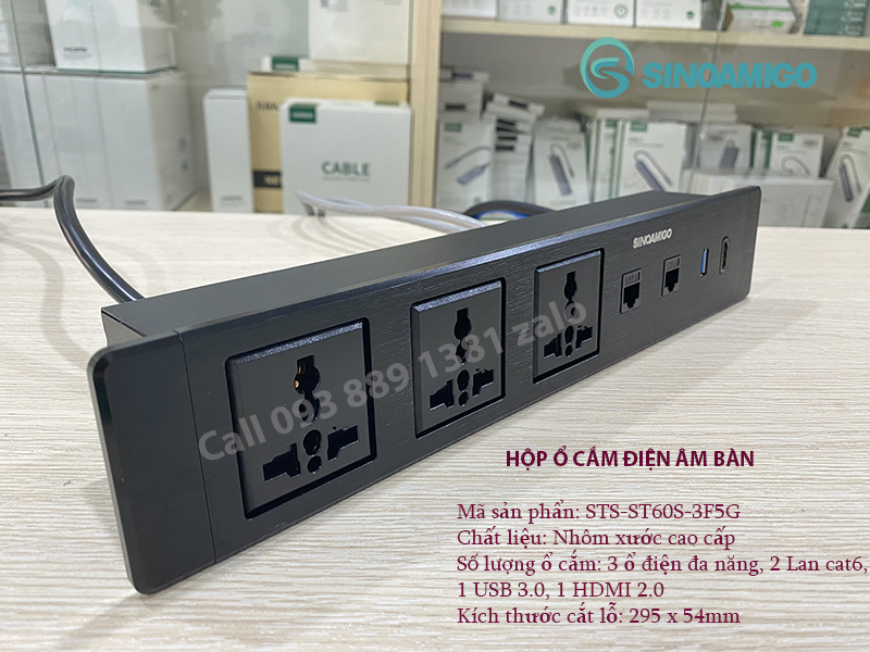 Hộp ổ cắm âm bàn Sinoamigo STS-ST60S-3F5G, tích hợp 3 ổ điện đa năng, 2 Lan cat6, 1 HDMI, 1 USB 3.0