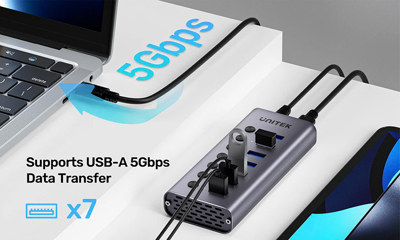 Hub USB 3.0 7 cổng có nguồn Unitek H1314A01-EU | Sạc nhanh 2.4A, công tắc riêng từng cổng