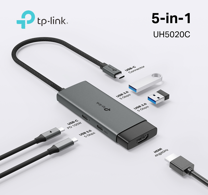 Hub USB-C 5 trong 1 TP-link UH5020C - HDMI 4K, Sạc 100W, Truyền Dữ Liệu 5Gbps