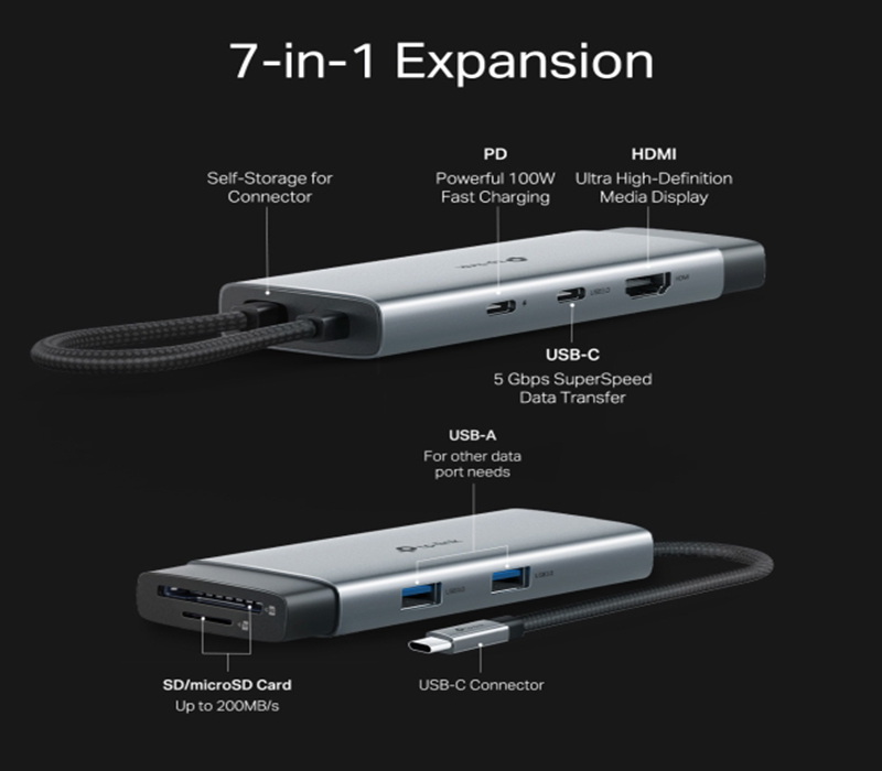 Hub USB-C 7 trong 1 TP-Link UH7020C - HDMI 4K, PD 100W, 3 cổng USB 3.0, SD/microSD