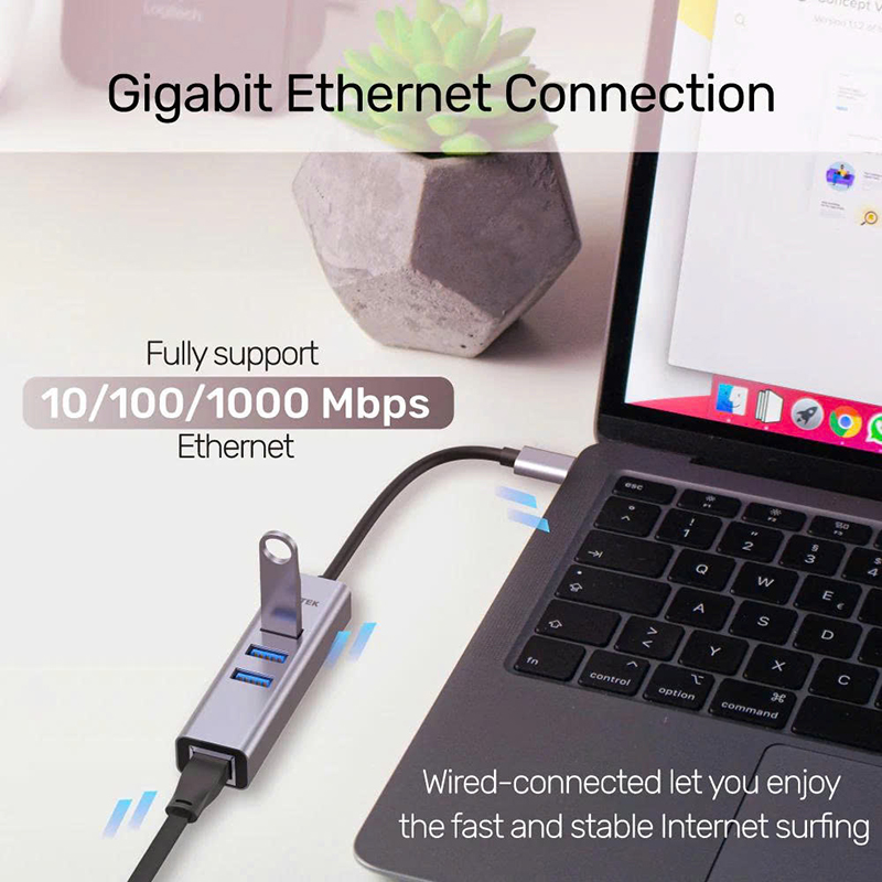 Hub USB-C Unitek H1904A sang 3 cổng USB 3.0 và LAN Gigabit RJ45