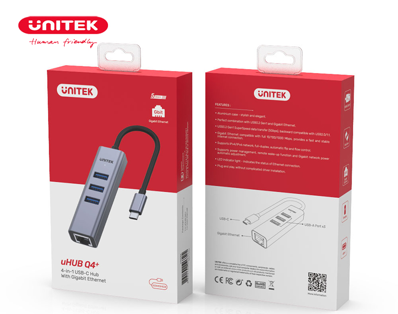 Hub USB-C Unitek H1904A sang 3 cổng USB 3.0 và LAN Gigabit RJ45