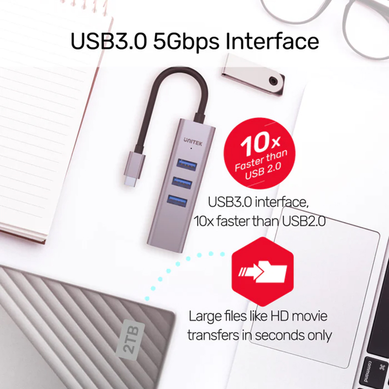 Hub USB-C Unitek H1904A sang 3 cổng USB 3.0 và LAN Gigabit RJ45