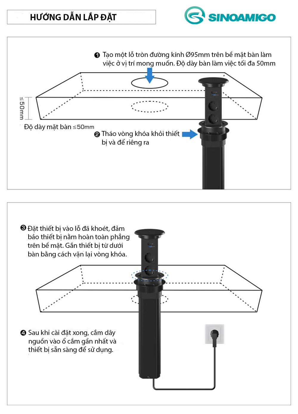 Ổ điện âm bàn đảo thông minh Sinoamigo SMT-4, đóng mở tự động, có sạc không dây