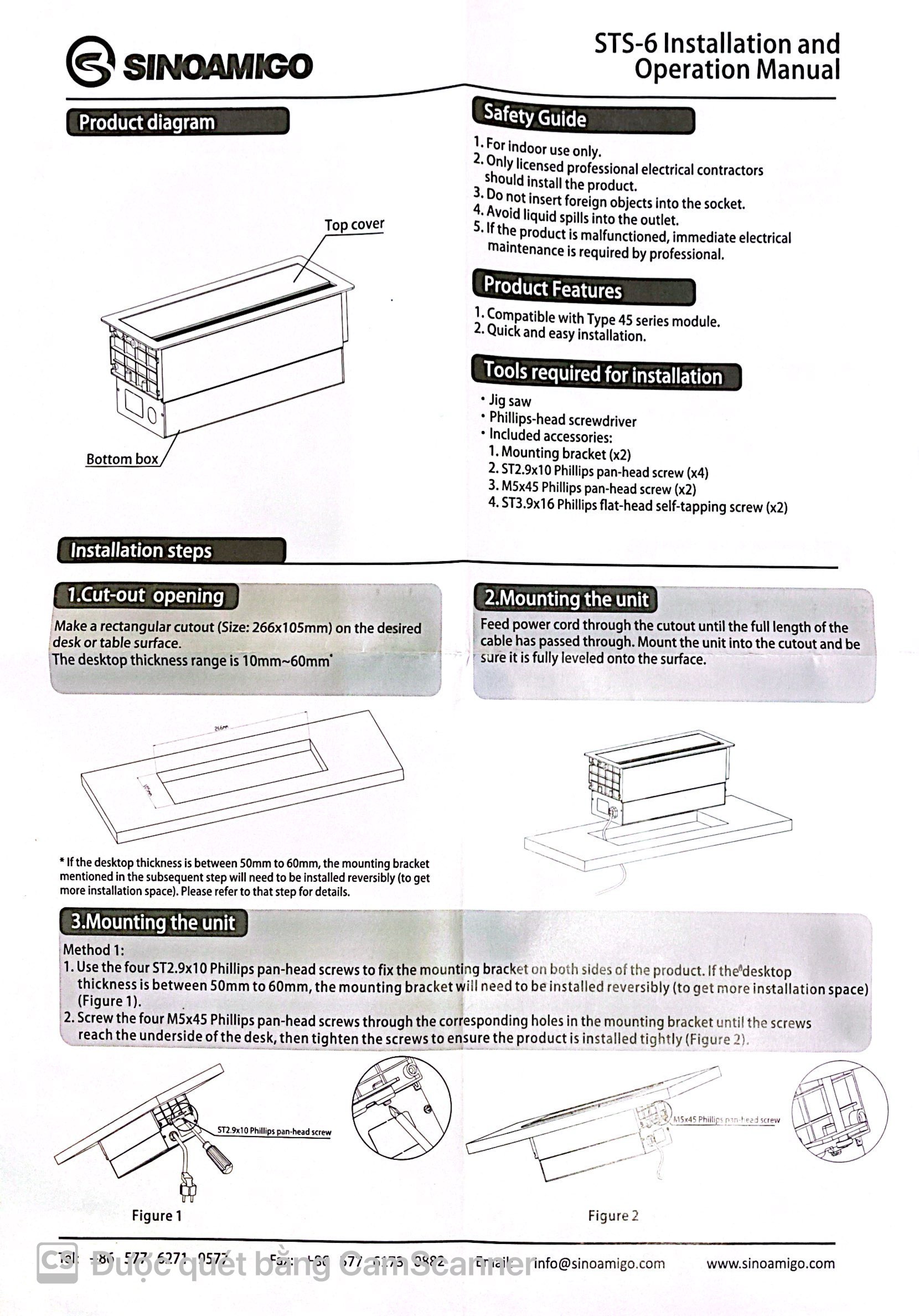 Hộp ổ cắm điện âm bàn họp/ bàn làm việc văn phòng Sinoamigo STS-6S/F4