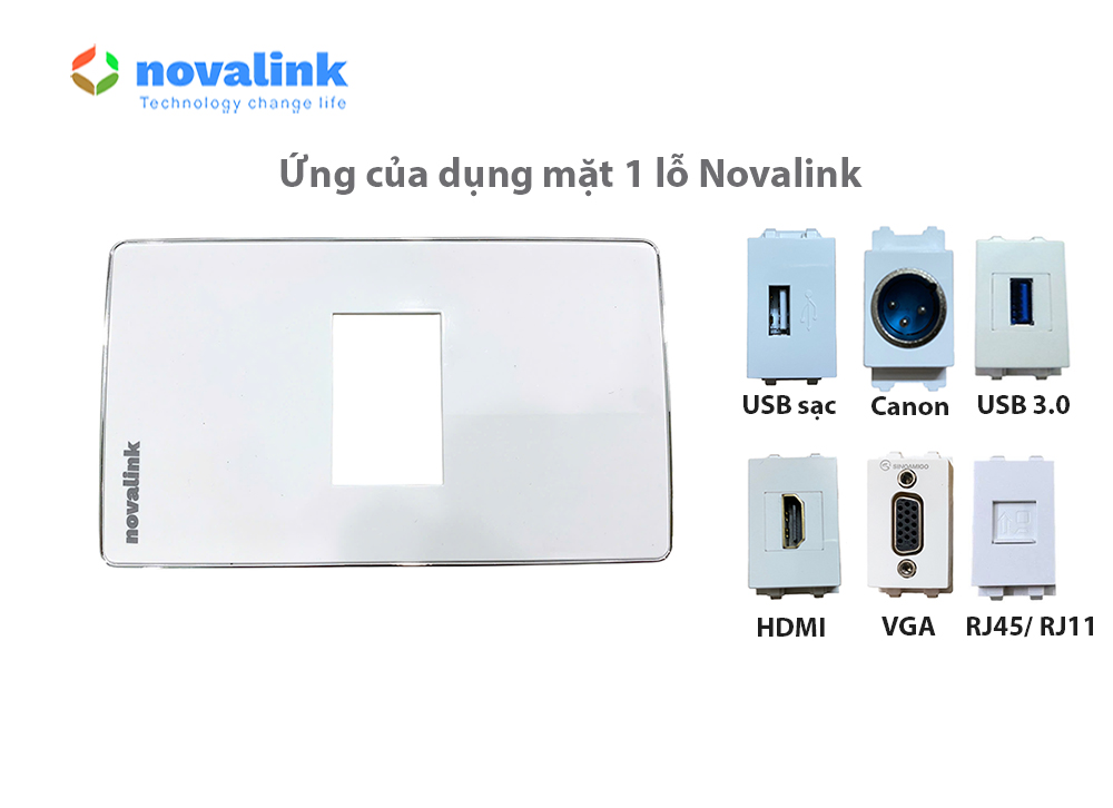 Mặt wallplate 1 cổng Novalink NV-21001W màu trắng tuyết, lắp module mạng HDMI USB VGA