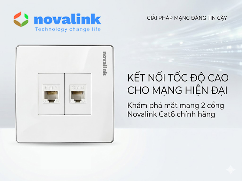 Ổ cắm mạng LAN Cat6 &acirc;m tường 2 cổng h&igrave;nh vu&ocirc;ng Novalink ch&iacute;nh h&atilde;ng