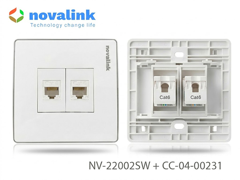 Ổ cắm mạng LAN Cat6 &acirc;m tường 2 cổng h&igrave;nh vu&ocirc;ng Novalink ch&iacute;nh h&atilde;ng
