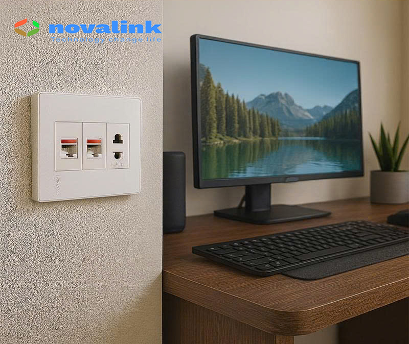 Mặt wallplate 3 cổng Novalink NV-21003W màu trắng tuyết, lắp nhân mạng HDMI USB VGA