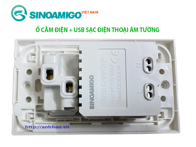 Ổ cắm USB type C âm tường kèm ổ điện Sinoamigo P21-QC1, công nghệ sạc nhanh QC 3.0