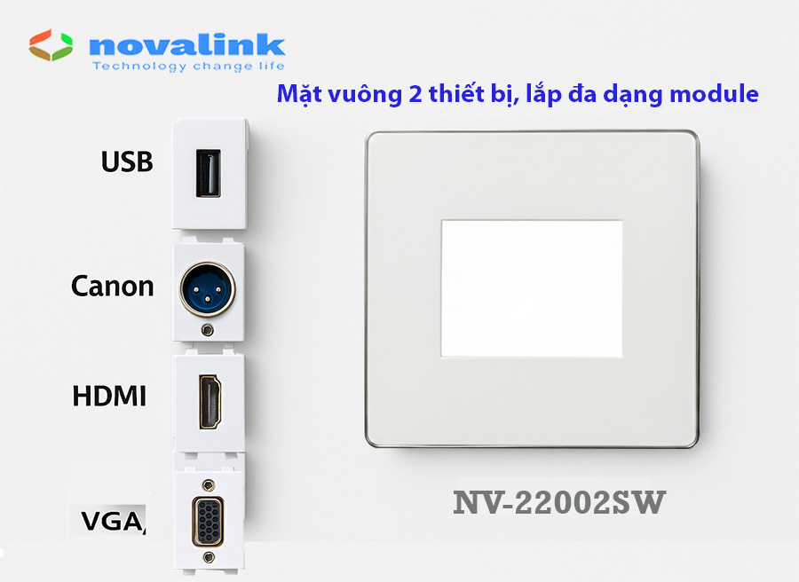 Mặt vuông 2 thiết bị (2 lỗ) dùng cho nhân mạng, thoại, HDMI, USB Novalink NV-22002SW