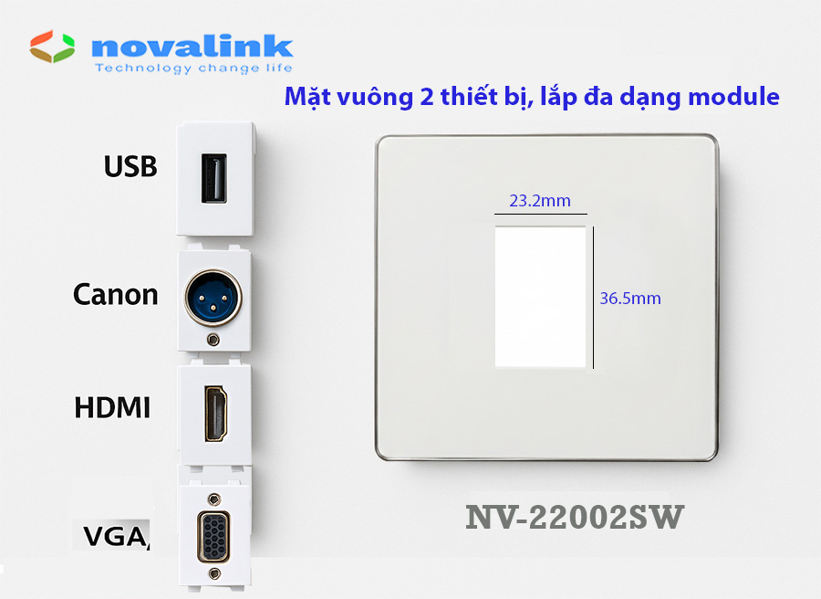Mặt vuông 1 cổng lắp mạng, HDMI, USB, Audio Novalink NV-22001SW