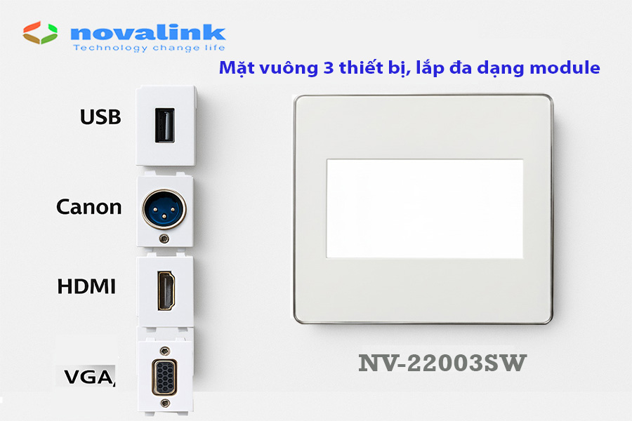 Mặt vuông âm tường 3 thiết bị (3 lỗ) lắp mạng, HDMI, USB, Audio Novalink NV-22003SW