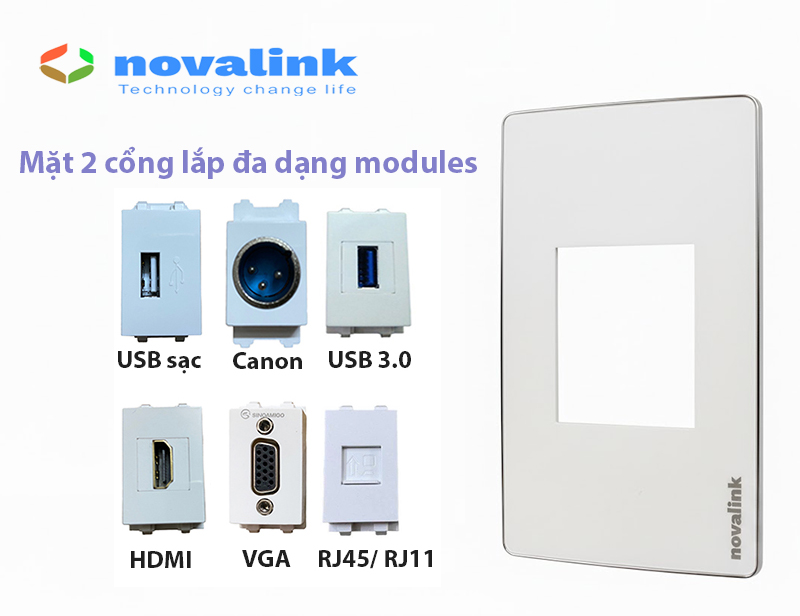 Mặt Wallplate 2 cổng Novalink NV-21002W - Lắp đa dạng Module mạng, HDMI, VGA, USB, Audio